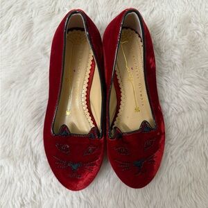 Charlotte Olympia Red Velvet Cat Loafers (Kids) - Size 27